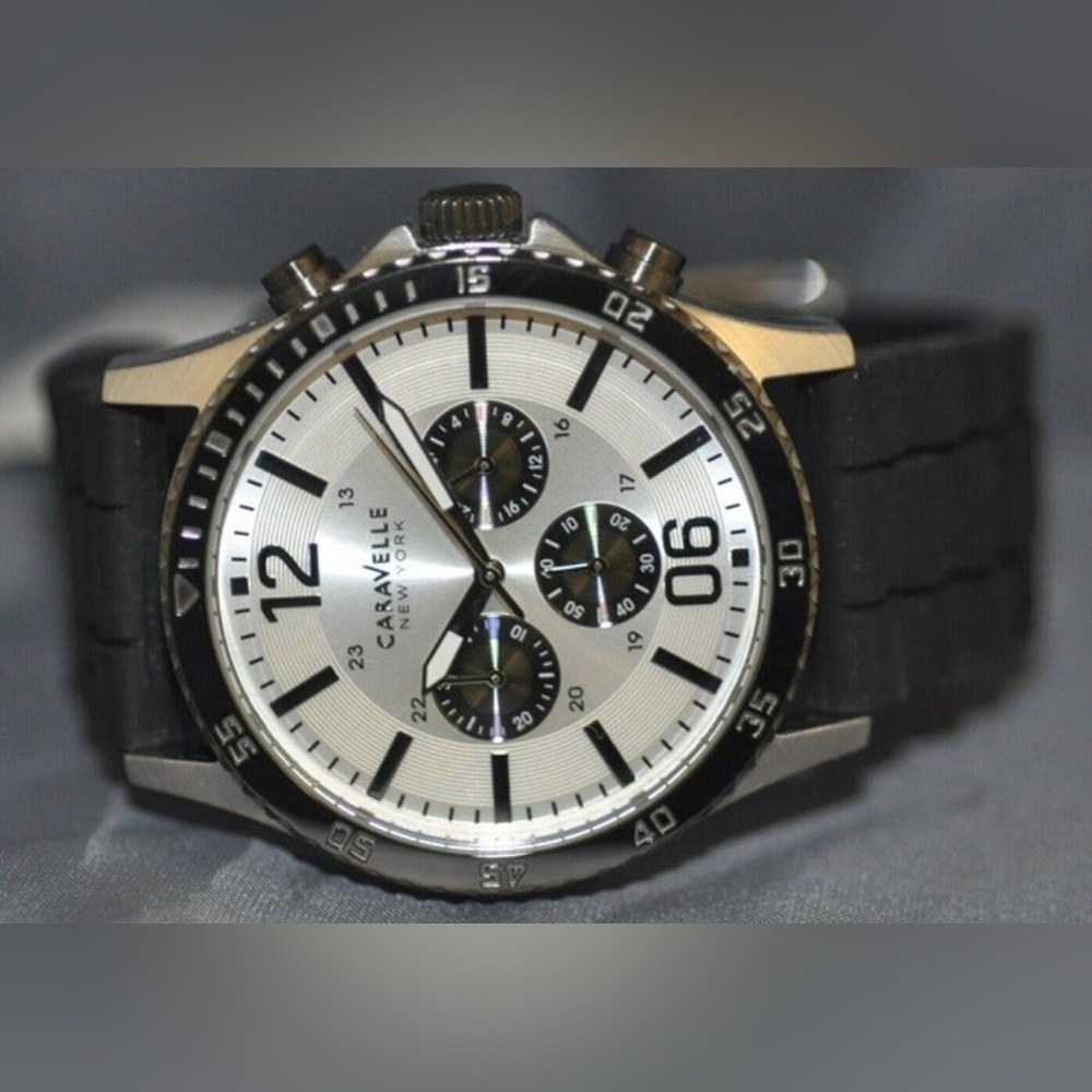 Caravelle New York By Bulova Men's Chronograph Silver Dial Black Watch 45A126